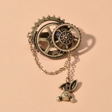 Antique Gold Gear Chain Easter Rabbit Bunny Hare Brooch Pin Vintage Accessories
