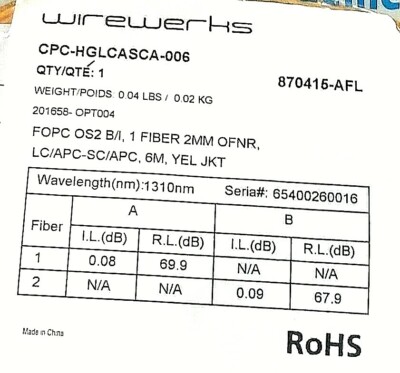 Wirewerks Yellow 6m Fbr Optic Patch Cord, lc/apc-sc/apc; Part #CPC-HGLCASCA-006