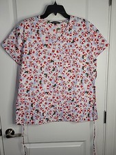 Cassandra O Christmas Candy Canes V Neck Tie Blue Scrub Top Women's Medium NWT