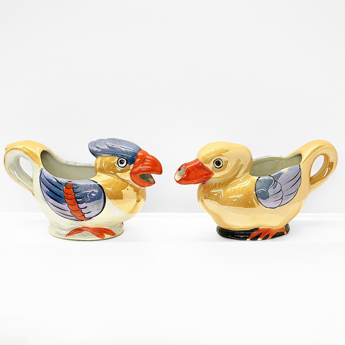 2 Duck Bird Goofy Creamers  Lusterware Hand Painted Kitsch Adorable MIJ VTG
