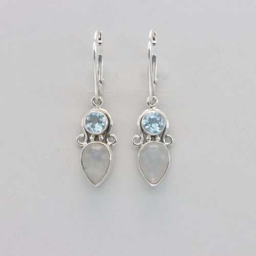 Rainbow MOONSTONE and Blue Topaz Leverback Earrings - 925 STERLING SILVER #38e - Picture 4 of 8