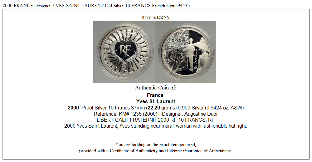 2000 FRANCE Designer YVES SAINT LAURENT Old Silver 10 FRANCS
