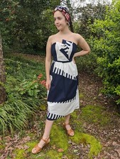 Vintage VICTOR COSTA COCKTAIL PARTY DRESS 1980s 80s Navy Blue White RARE XS S