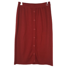 VTG Mondi Wool Blend Midi Skirt Knit Button Front Elastic Waist Red 38 Small