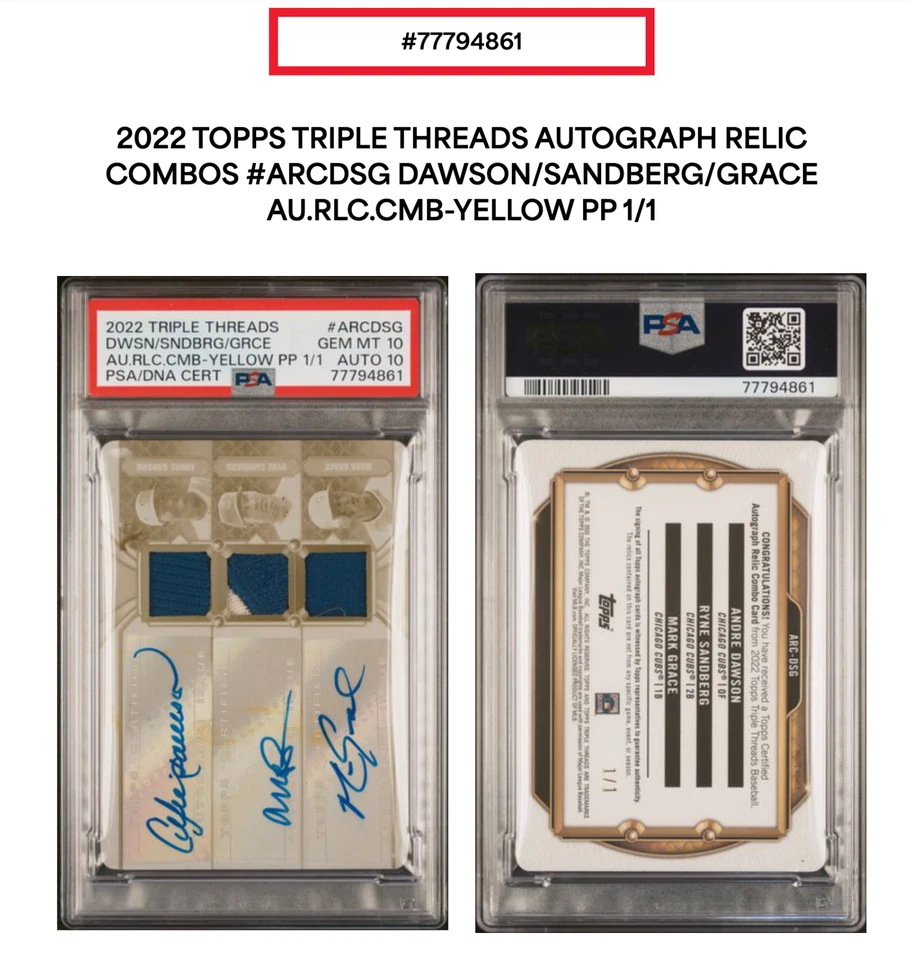Reliquia autógrafa Topps Triple Threads 2022 1/1 Dawson Sandberg Grace PSA 10 Foto 2 de 4