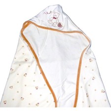 Le Top Infant Hooded Bath Blanket White Tan Teddy Bear 19x19 inches Cotton