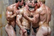 Original gay LGBTQ art giclée painting "Shower Action 1" signed/numbered