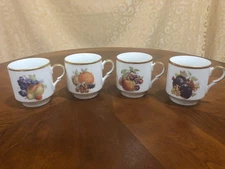 VTG (4) BAVARIA SCHUMANN ARZBERG GERMANY FRUIT PATTERN CUPS/MUGS GOLD TRIM 8 OZ