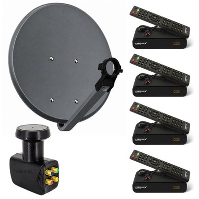 SAT TV Anlage 4 Teilnehmer 60cm Antenne Schüssel Quad LNB 4x Satelliten Receiver