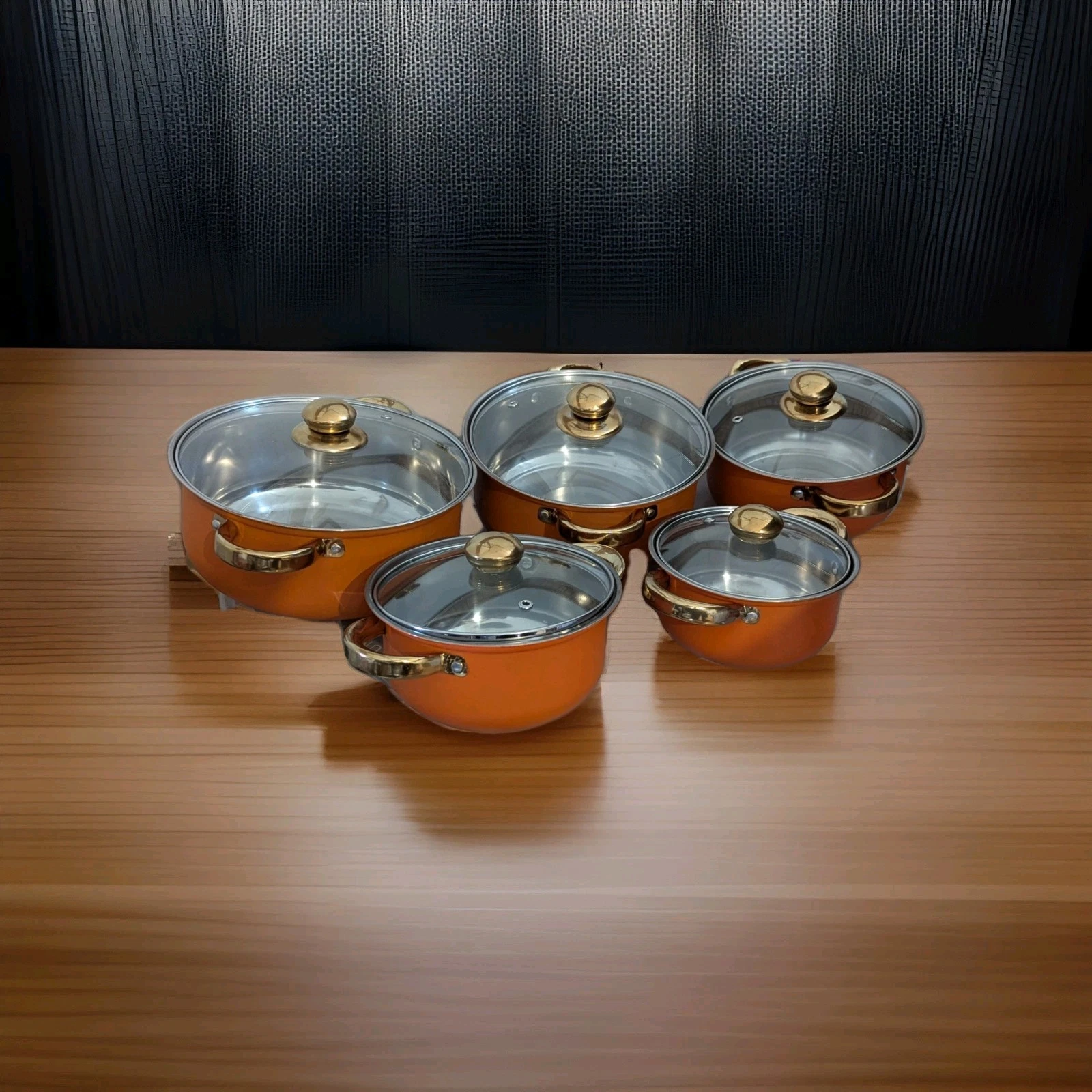 5 Piece Nonstick Cookware Set Orange Gold Clear Lids Lightweight 6" To 9" D