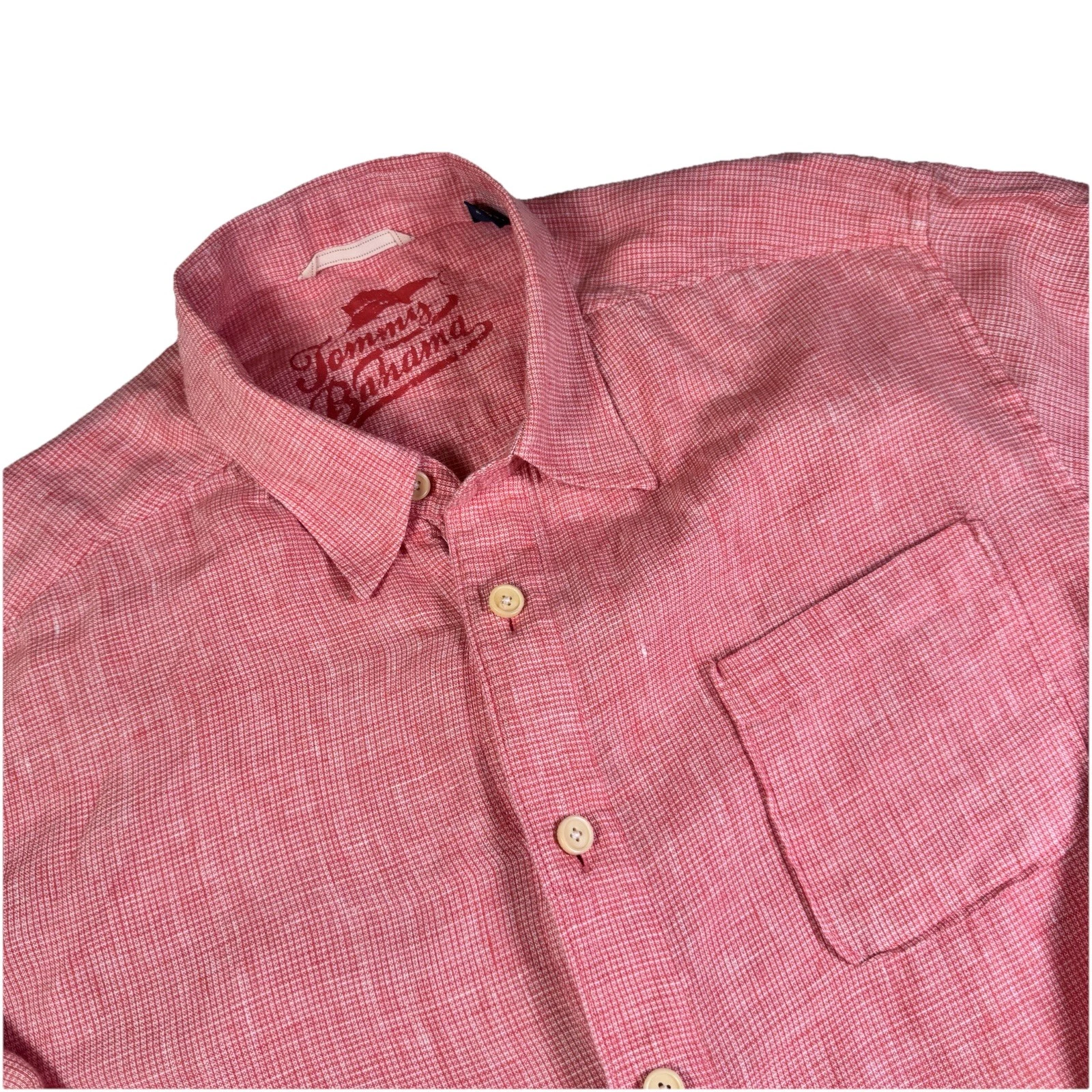 Tommy Bahama Relax Large 100% Linen Button Up Coral Plaid Long Sleeve