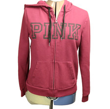 Victoria Secret PINK Full Zip Hoodie Hooded Sweatshirt Logo Pockets Berry Red S