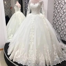 Elegant Wedding Dresses Lace Appliques Long Sleeve Back Strap Ball Bridal Gown