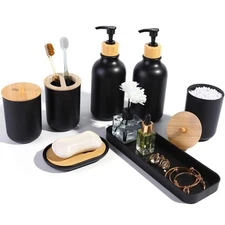 Matte Black Bathroom Accessories Set 7 Pcs Bamboo Sets Soap Dispenser