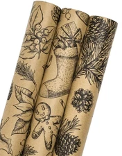 MAYPLUSS Kraft Christmas Wrapping Paper Roll - 3 Mini - 17in x120in Per