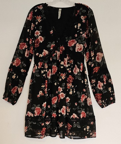 Abito nero floreale manica lunga orlo pizzo medio stravagante gotico boho scuro romantico