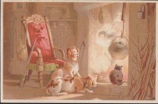 IMAGE ANCIENNE CHROMO CHIENS DE CHASSE DEVANT L'ATRE - CHAT - 