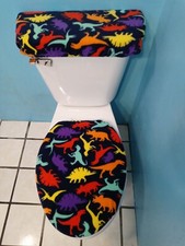 COLORFUL DINOSAURS FLEECE TOILET SEAT LID  TANK TOP COVER SET