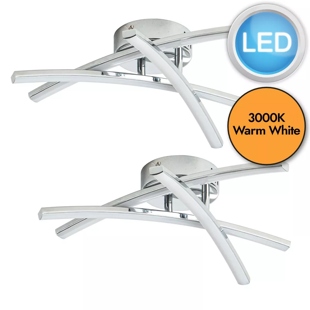 Set of 2 Modern Chrome LED Ceiling Light Fittings Low Energy Flush
