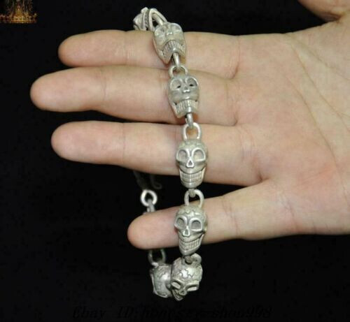 Tibetan Buddhism Tibetan silver Skeleton Devil Skull death-head statue Bracelets - Picture 5 of 7