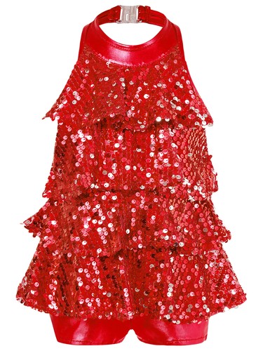 Kids Girls Halter Neck Shiny Sequins Tiered Dress Modern Jazz Latin Dancewear - 第 52/95 張圖片