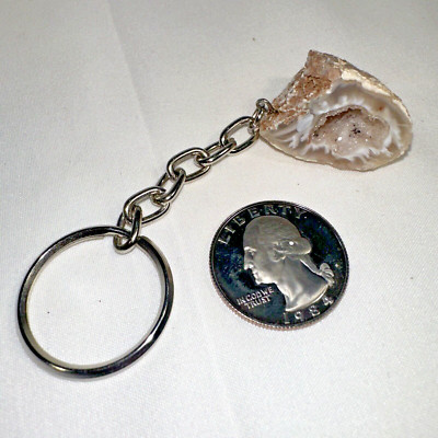 NEW Natural Oco Agate Geode Keychain Key Ring, Half Stone Rock Crystal Mineral