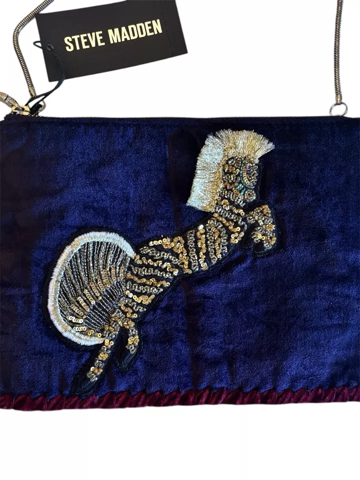 Steve Madden Pegaso Caballo Cuentas Bolso sin asas Bandolera Terciopelo Azul Marino Nuevo con etiquetas Foto 2 de 4