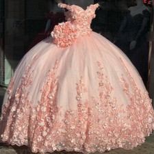 Pink Quinceanera Dresses 3D Floral Off the Shoulder Beaded Sweet 15 16 Ball Gown