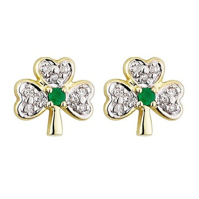 0.30Ct Round Cut CZ & Emerald Shamrock Stud Earrings 14K Yellow Gold Plated