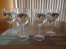 4- Royal Albert England Country Roses Clear Wine/ Water Goblets Glasses