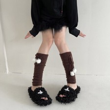 Women Warm Knit Leg Warmers with Faux Fur Ball Long Boots Cuffs Socks Leggings