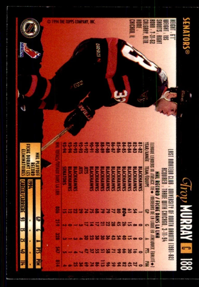 1994-95 Topps Premier Troy Murray Ottawa Senators #188 - Image 2 of 2