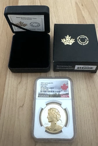 2024 CANADA Peace Dollar 1 oz Silver Proof Gilded Ultra High Relief OGP NGC PF70