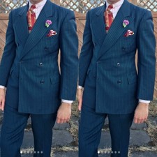 Blue Striped Men's Suits Peak Lapel Double Breasted Wedding Groom Tuxedo 2 Piece