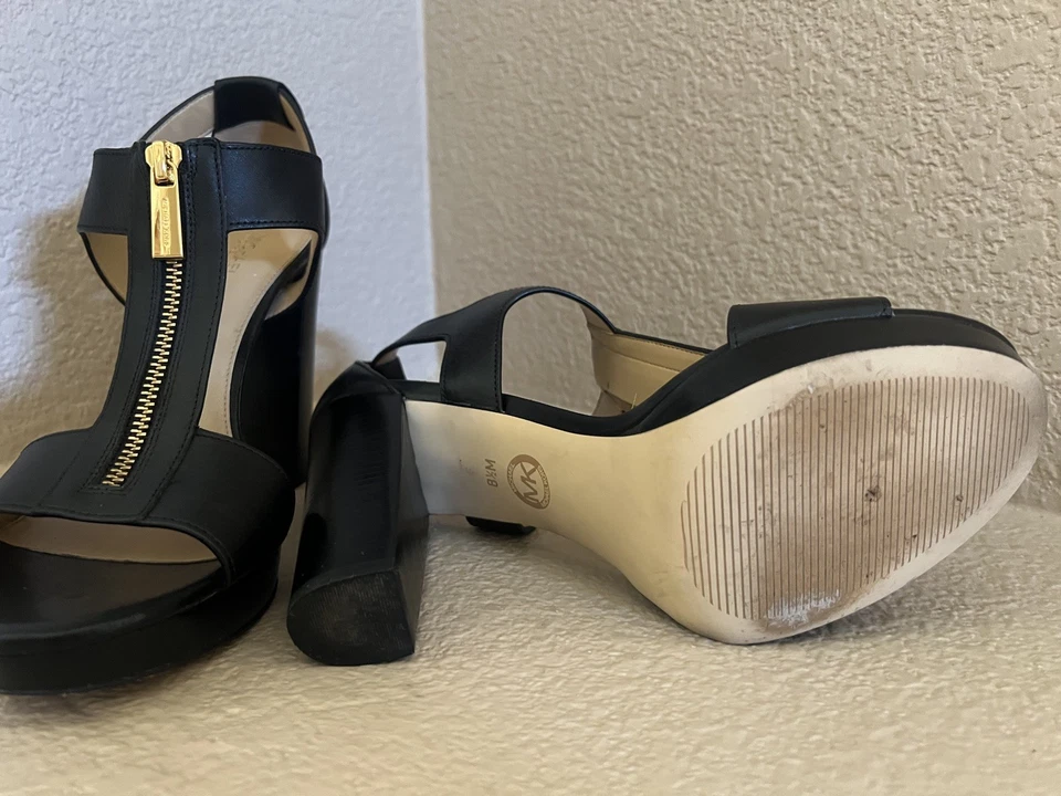 Sandalias Michael Kors Plataforma Cuero Negro Talla 8.5M Cremallera Frontal Tacón Alto Foto 4 de 4