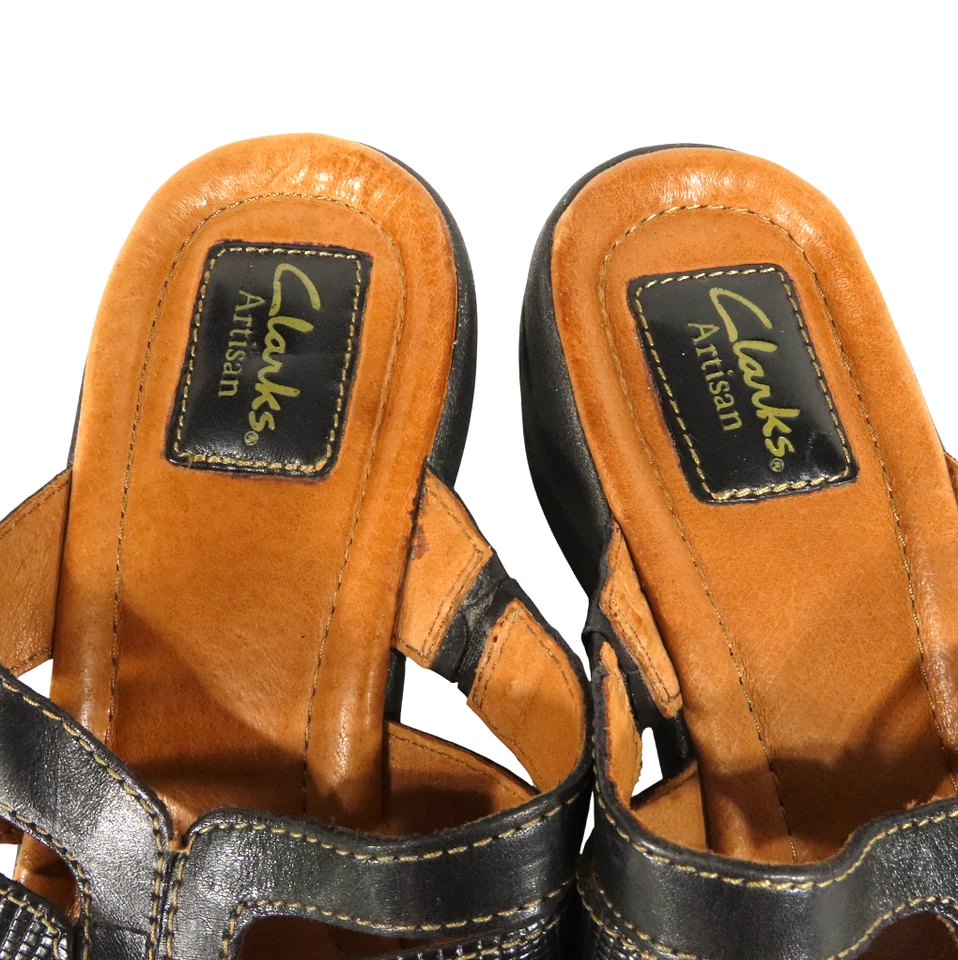 CLARKS ARTISAN Sandalias de Cuero Negro TACÓN DE CUÑA BAJA Zapatos sin cordones 8 M Foto 4 de 4