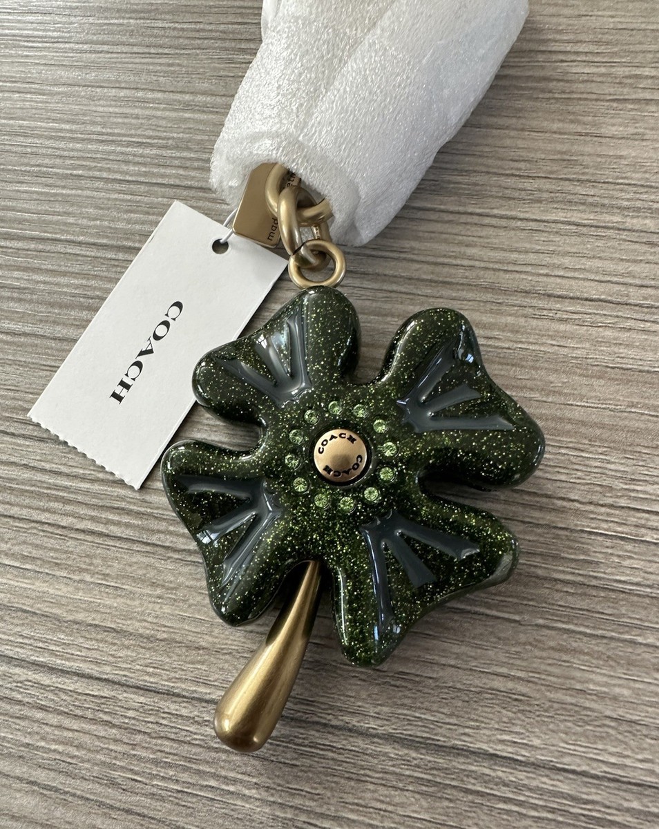 NWT Coach Four Leaf Clover Bag Charm Keychain Fob Brass /Green