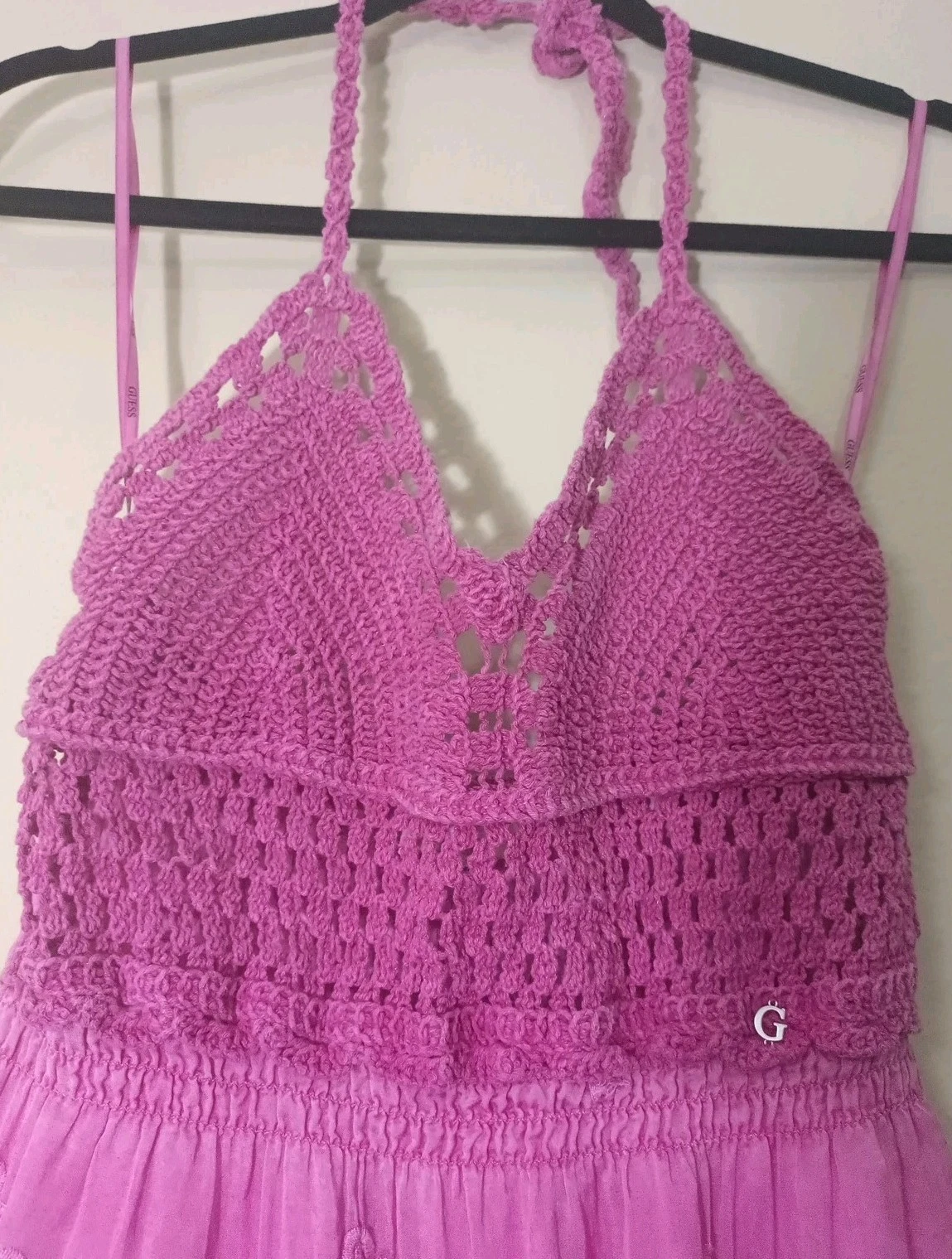 PALM ANGELS Abito donna vintage Guess rosa all'uncinetto con bretelle abito boho seta taglia S Made in Italy