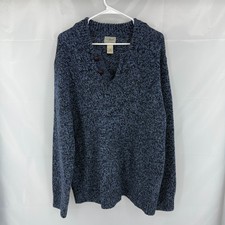 LL Bean Men XL 100 Wool Sweater Chunky Knit Button Henley Mock Neck Blue Warm
