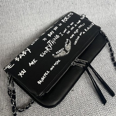 Zadig & Voltaire Rock Wing Black Leather Bag Graffiti Lettering 27x15cm