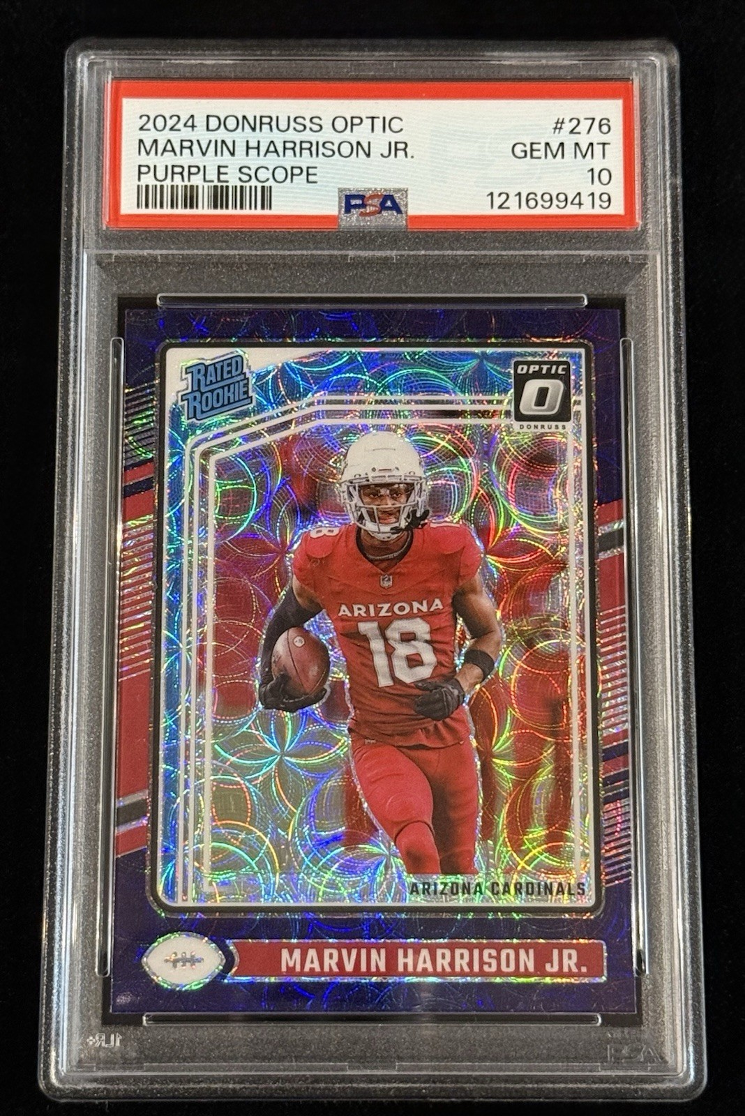 Marvin Harrison Jr. 2024 Optic Rated Rookie Purple Scope Prizm PSA 10 GEM MINT view 1