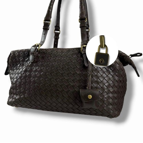 Bottega Veneta Intrecciato Mini Boston Hand Bag Leather Brown Used