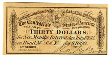 1864 $30 Confederate States of America Bond Coupon