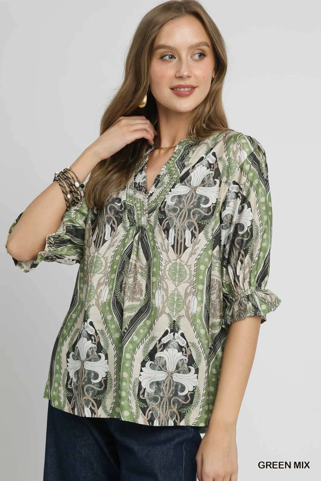 Umgee Green/Navy Multi Floral Top Smocked V Neck & Puff Sleeves