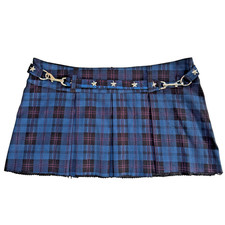 VTG Y2K Blue Plaid MT:2 Pleated STUDDED Mini Skirt HOT TOPIC Mall Punk Bondage L