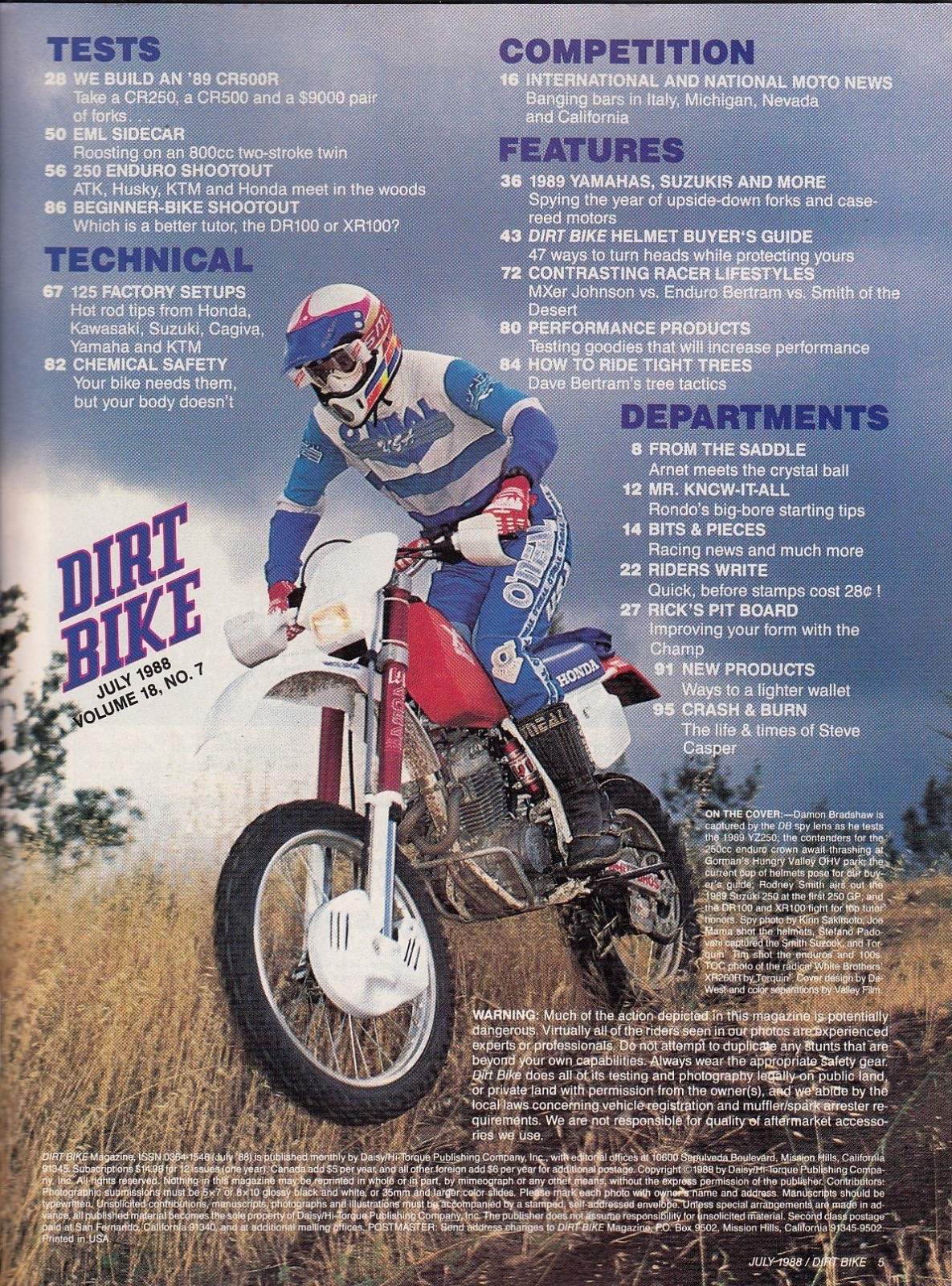 DIRT BIKE July 1988 Damon Bradshaw / Honda CR500 / 250 Enduro Shootout / '89 eBay