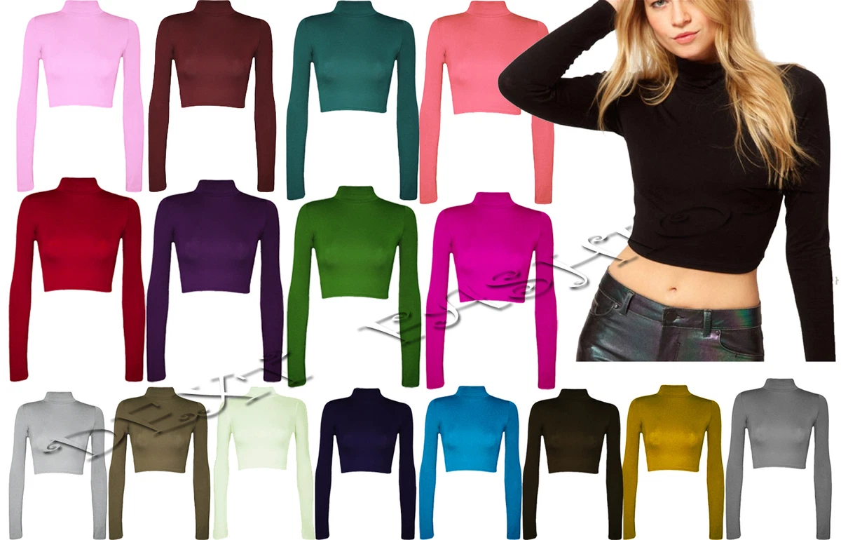 NEW WOMEN POLO ROLL NECK CROP TOP GIRLS LONG SLEEVE BLACK WHITE SHIRT SIZE 8-14