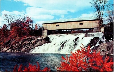 Vermont Covered Bridge White River Junction Picturesque Waterfall Postcard VTG