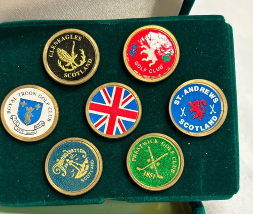 Vintage Set of 7 Scotland Golf Courses Golf Markers Original Case - Picture 3 of 7