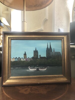 Vintage Gemälde Malerei Köln Panorama Kölner Dom Rhein signiert mit Rahmen